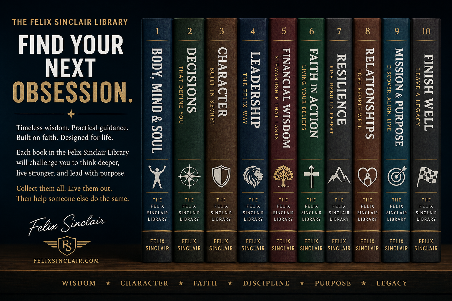 The Felix Sinclair Library — 10 book spines: Body Mind & Soul, Decisions, Character, Leadership, Financial Wisdom, Faith in Action, Resilience, Relationships, Mission & Purpose, Finish Well